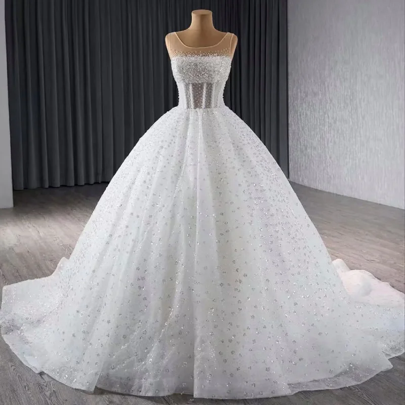 Beaded Flower Wedding Dress Sheer Bodice Sparkly Bridal Gown