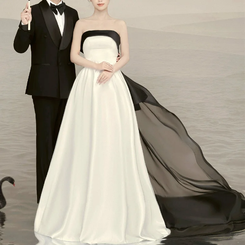 Black and White A-line Satin Wedding Dresses Bridal Gowns