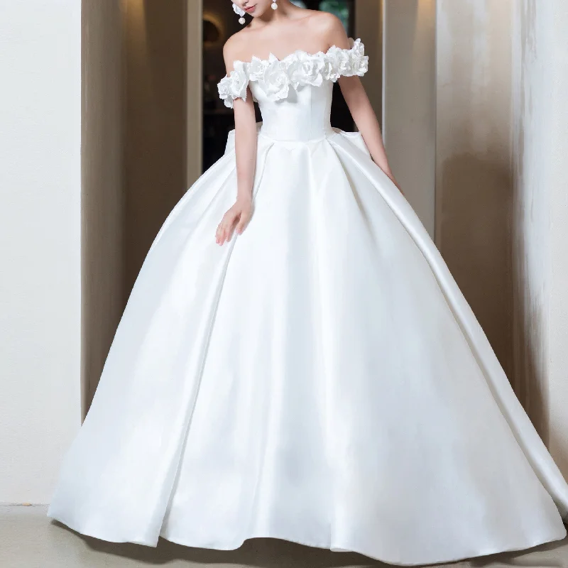 Convertible Neckline Plain Satin Wedding Dress Ball Gown Bridal Gown