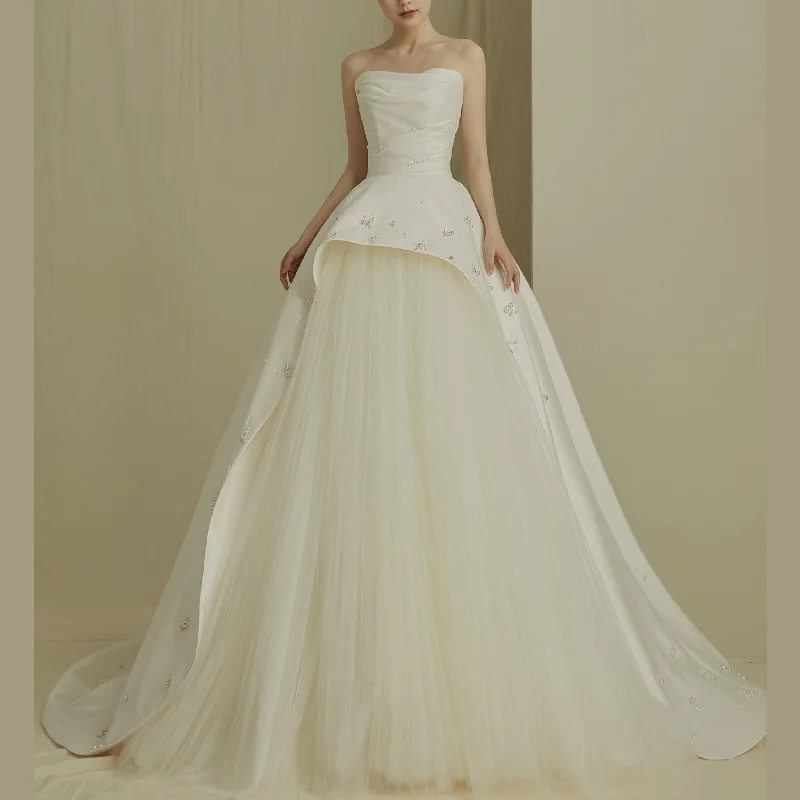 Curve Neck A-line Wedding Dresses Bridal Gowns with Pearls