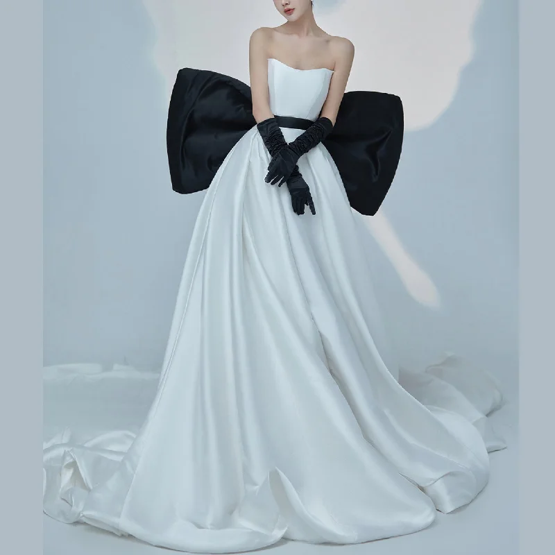 Elegant A-Line Strapless Satin Wedding Dress with Black Bowknot