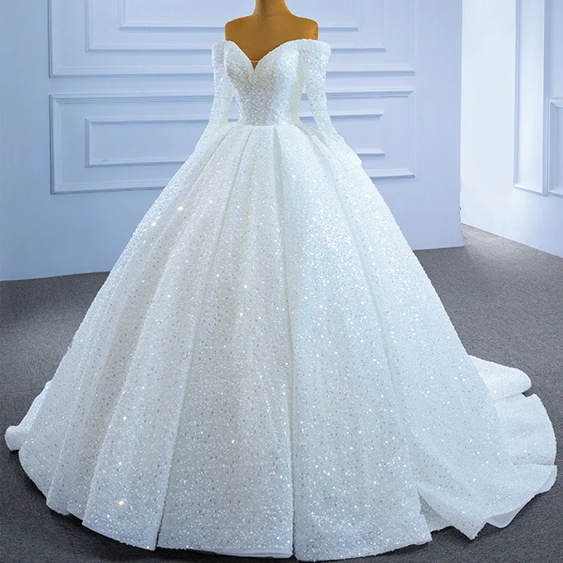 Elegant White Sequins Long Sleeves Ball Gown Bride Wedding Dress