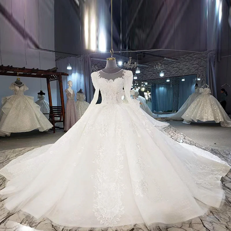 Gorgeous Long Sleeve Ball Gown Wedding Dress with Long Train