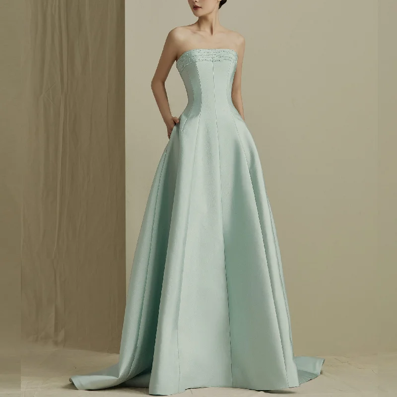 Light Green Strapless Satin A-line Bridal Wedding Dresses