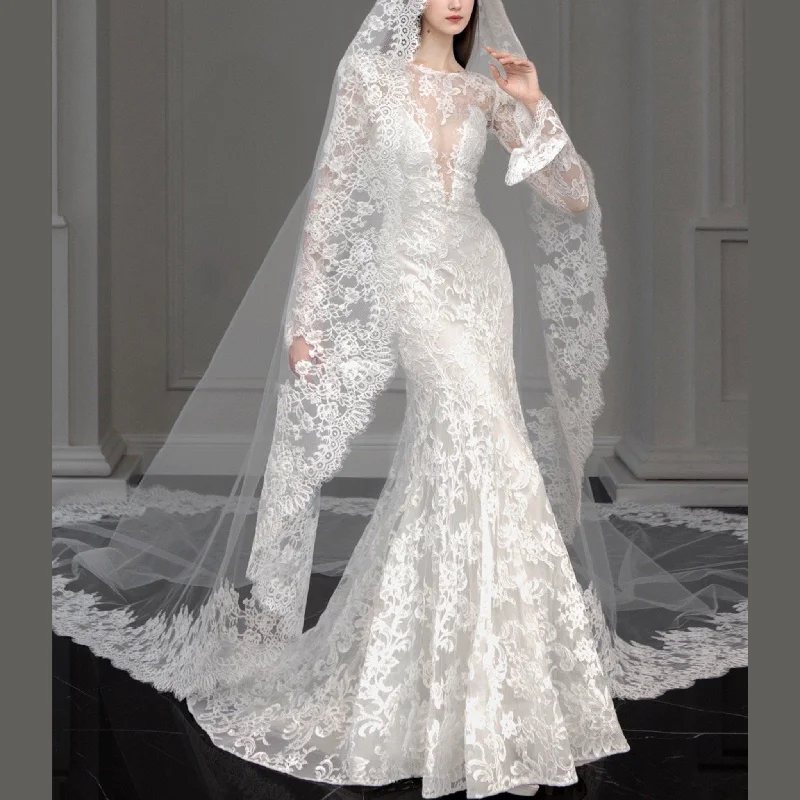 Mermaid Lace Wedding Dresses with Long Sheer Sleeves