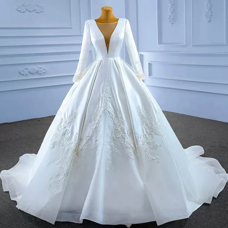 Modest Satin Wedding Dress Beaded Long Sleeve Ball Gown