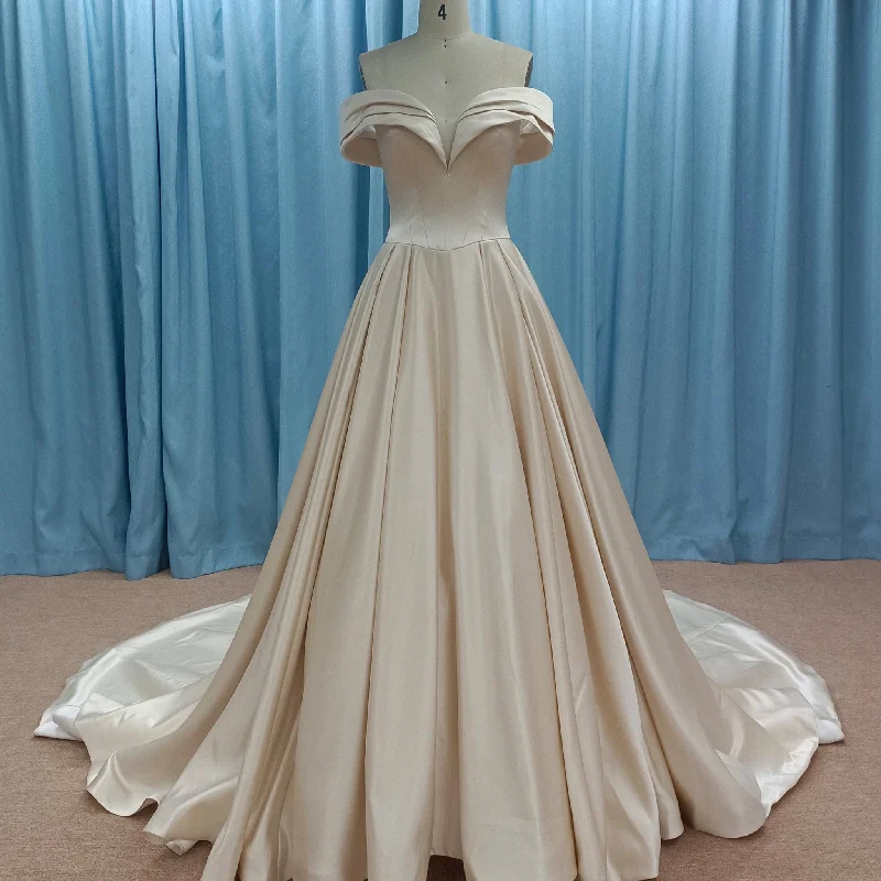 Off the Shoulder A-line Champagne Satin Wedding Dress with V Neck