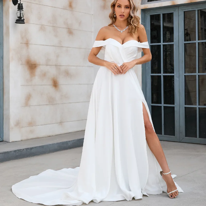 Off the Shoulder Pleated Bodice A-line Wedding Dress with V-Neck and Slit