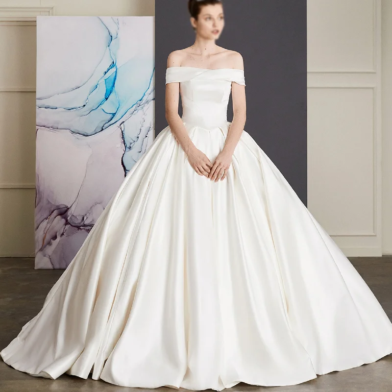 Off the Shoulder Straight Neck Wedding Dress with Puffy Skirt