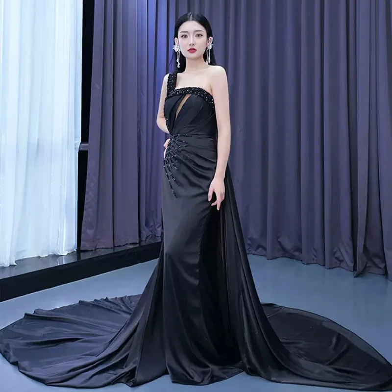 One Shoulder Black Fit and Flare Satin Wedding Dress with Beading