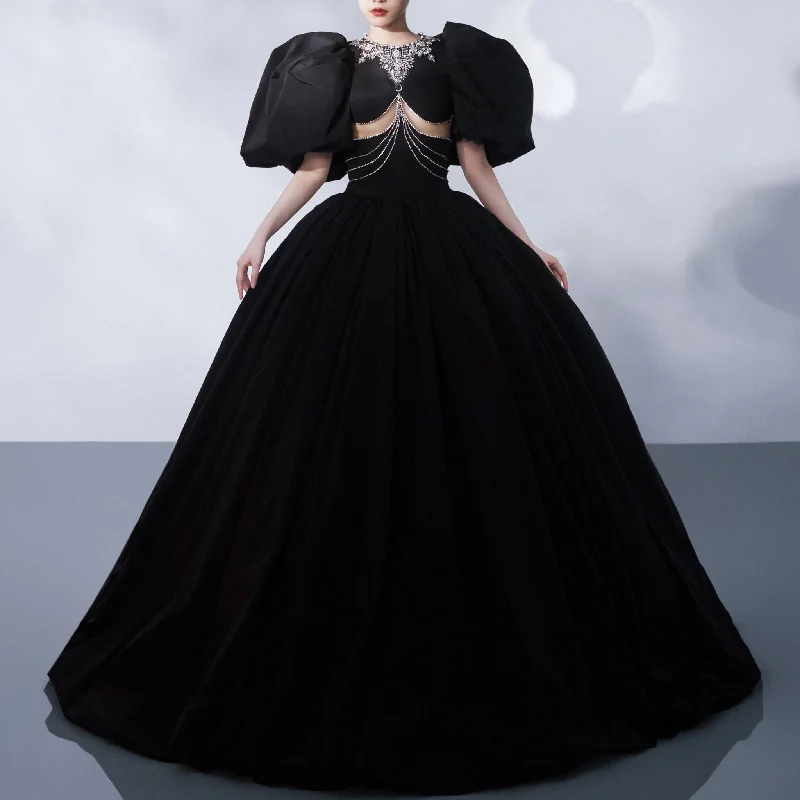 Sexy Ball Gown Black Wedding Dress with Short Puffy Sleeves