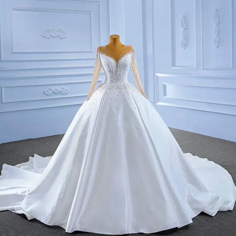 Sheer Long Sleeve Satin Ball Gown Wedding Dress with Sheer Neck