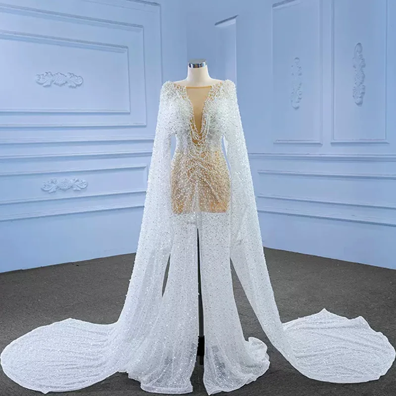 Sheer Modern Pearl Wedding Dress with Long Cape Sleeves And Slit