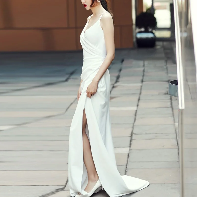 Spaghetti Straps Simple Wedding Dress with High Leg Slit