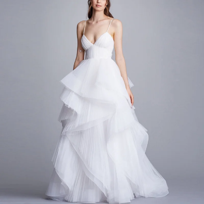 Spaghetti Straps V-neck Wedding Dress with Layered Tulle