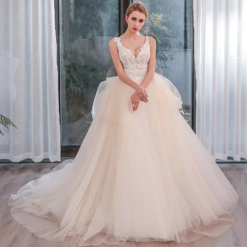 Tulle Tank V-Neck Ball Gown Wedding Dress With Layered Skirt