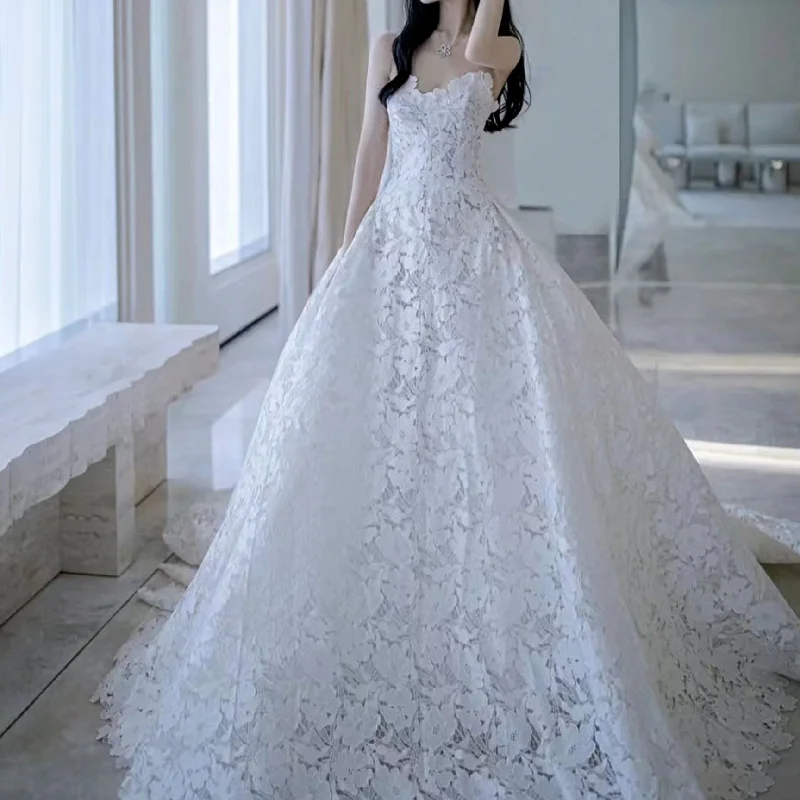 White Lace Bride Dress Strapless Wedding Dresses