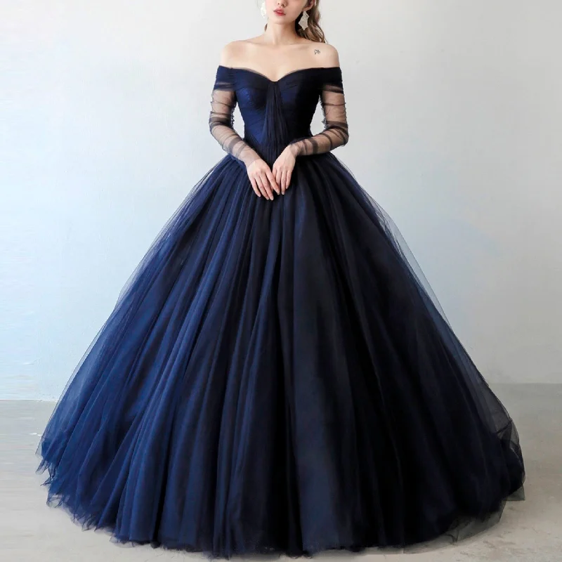 Womens Navy Blue Dresses for Wedding with Off Shoulder Long Sleeves