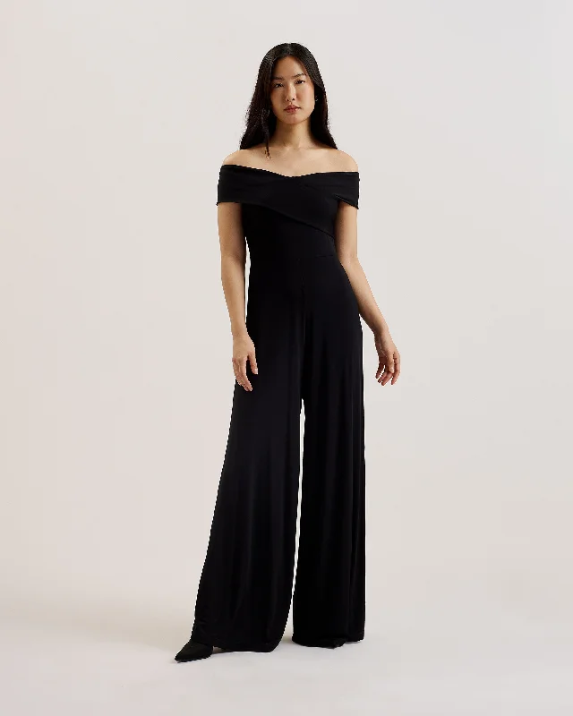 Almhaa Bardot Slinky Jersey Wide Leg Jumpsuit Black