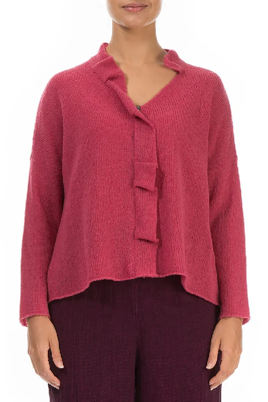 Frilled Neck Pink Punch Wool Cardigan