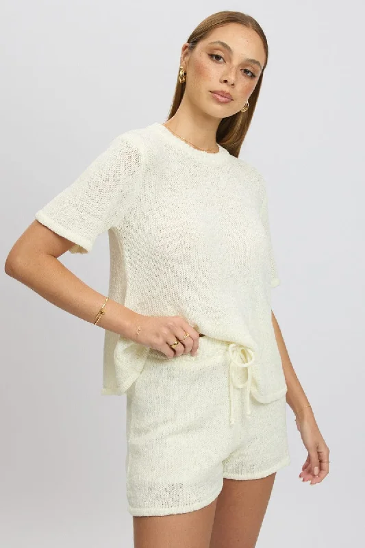 White Knit Top Short Sleeve Crew Neck